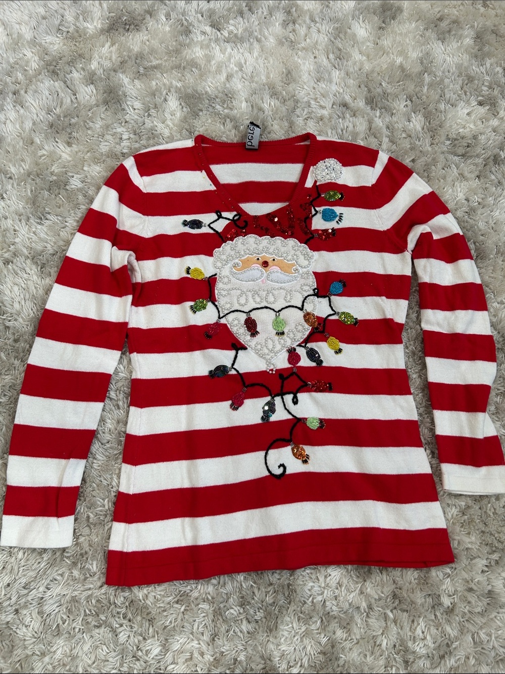 Red & White Striped Sequined Santa Sweater